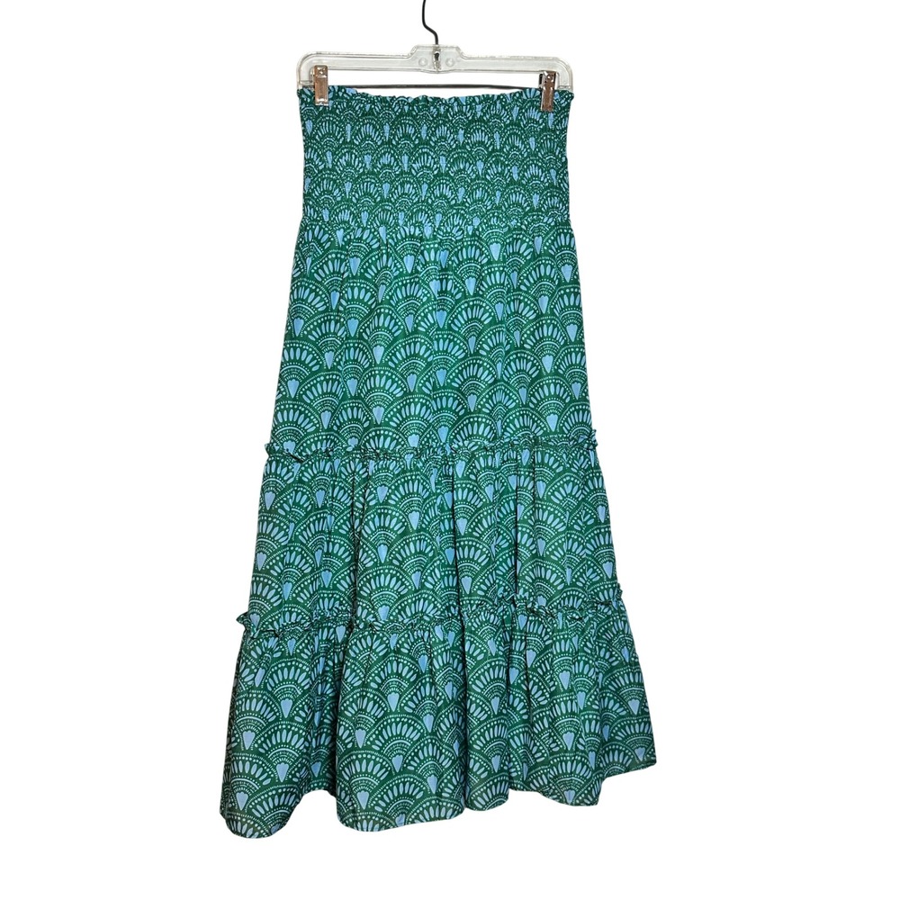 J Marie Green Blue Fan Print Smocked Tiered Maxi Skirt Small Resort Preppy